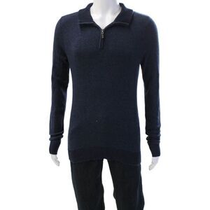 Piattelli Mens Pullover Sweater Dark Blue Cashmere Wool Collared Zip Size M